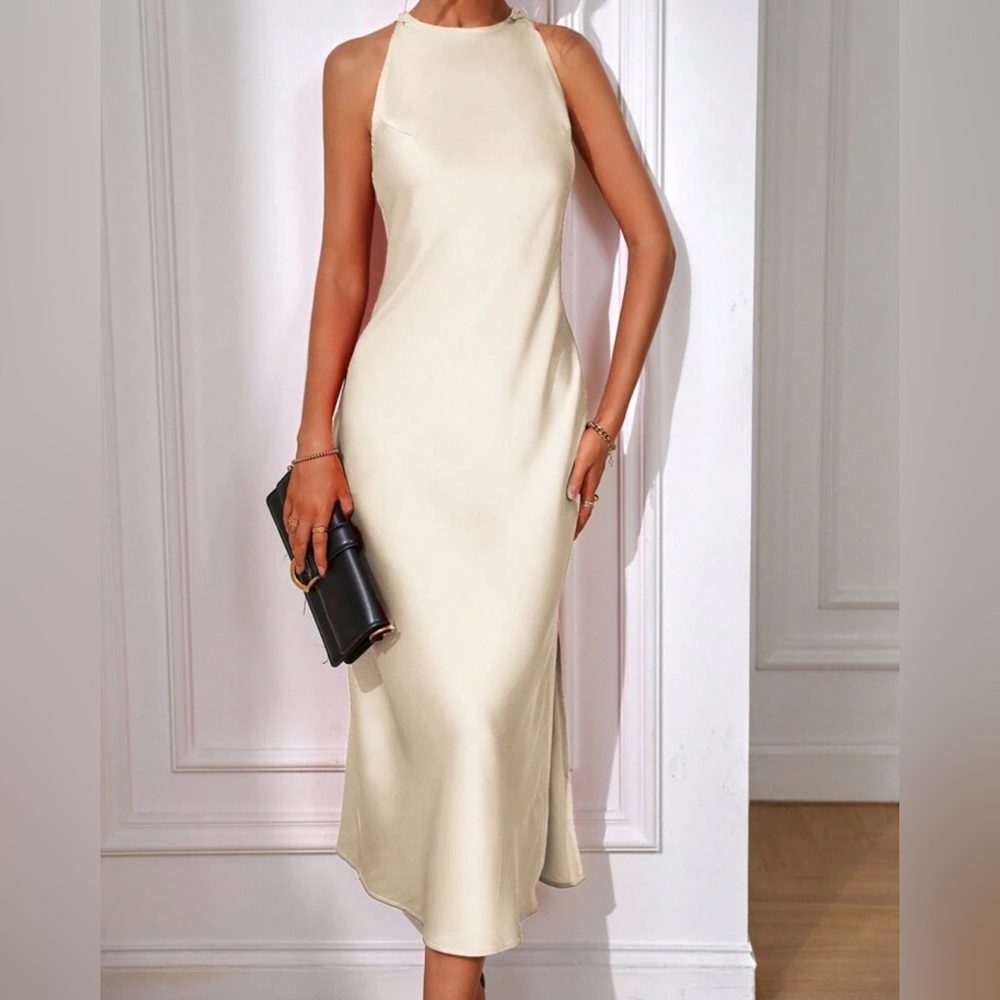 Cream Asymmetrical Backless Halter Midi Dress
